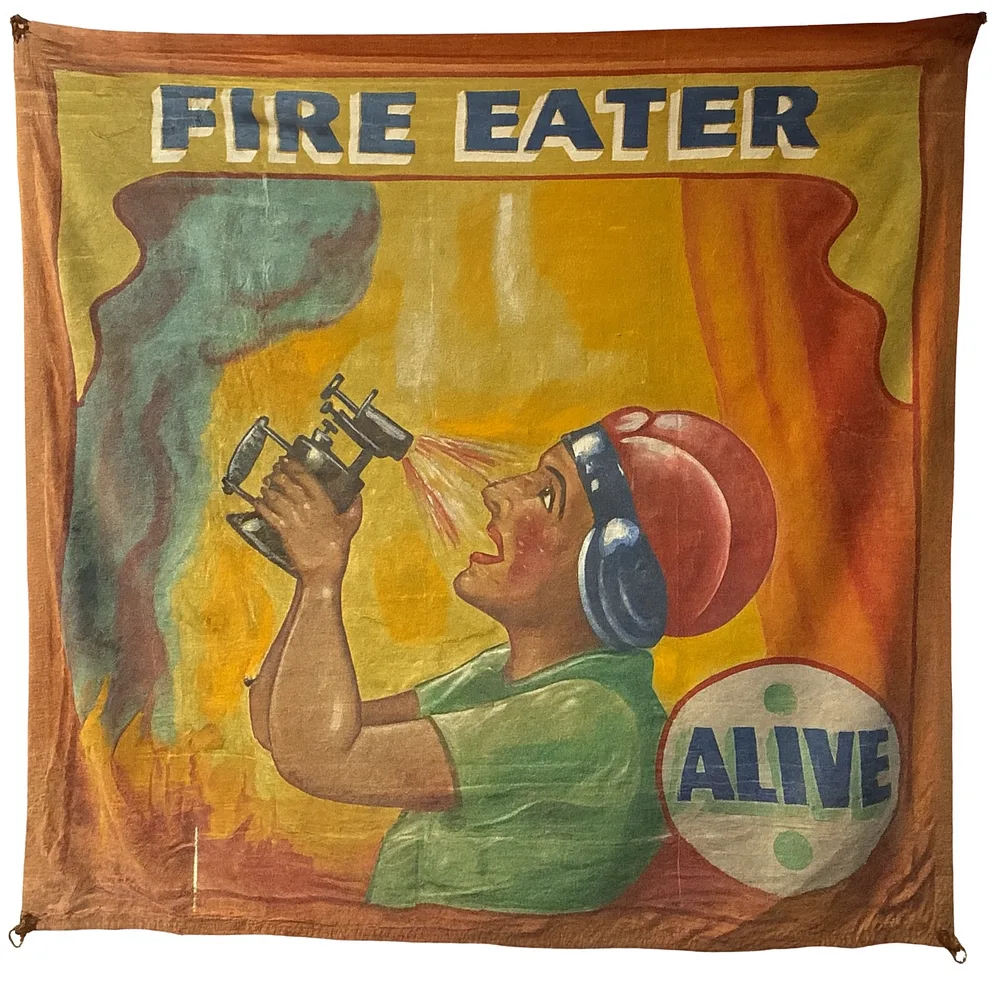 Snap Wyatt "Fire Eater" sideshow banner, hand-painted canvas, 105x101 inches